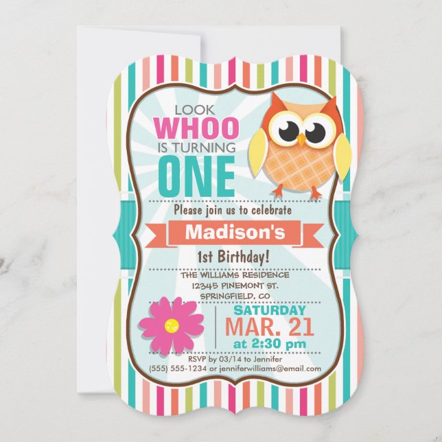 Invitación Fiesta de cumpleaños de Stripes Owl (Anverso)