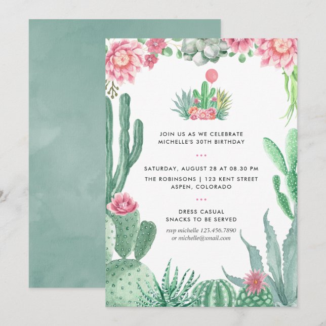 Invitación Fiesta de Cumpleaños de Sucultores de Acuarela (Anverso / Reverso)