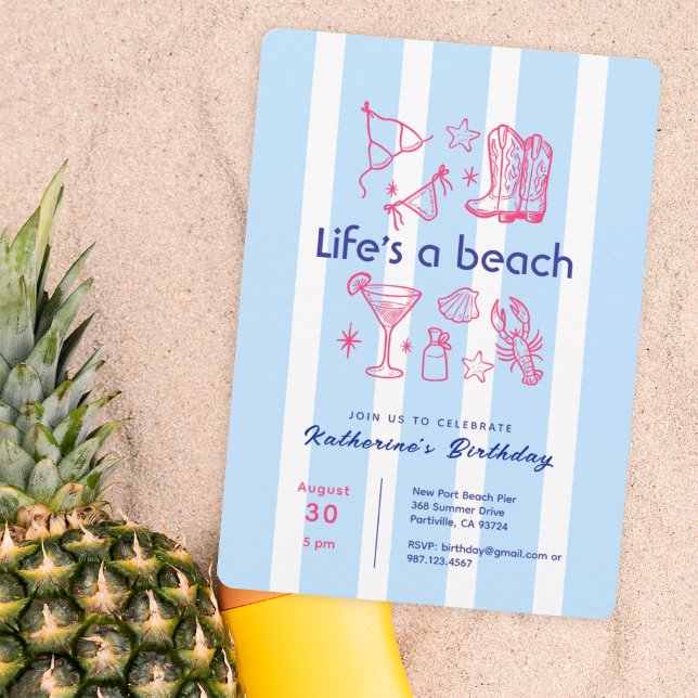 Invitación Fiesta de cumpleaños de Summer Blue Stripe Beach (Subido por el creador)