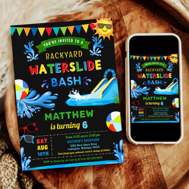 Invitación Fiesta de cumpleaños de Summer Boy Bash Waterslide (Waterslide Bash Summer Boy Birthday Party Invitation)