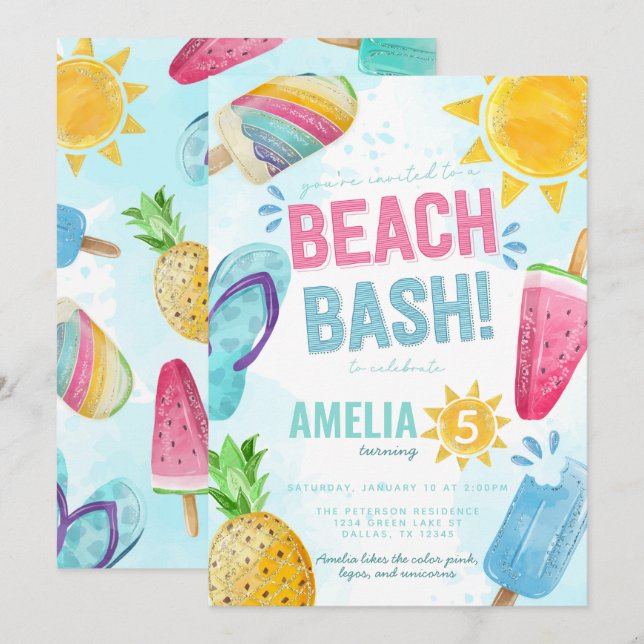 Invitación Fiesta de cumpleaños de Summer Popsicle Beach Bash (Anverso / Reverso)