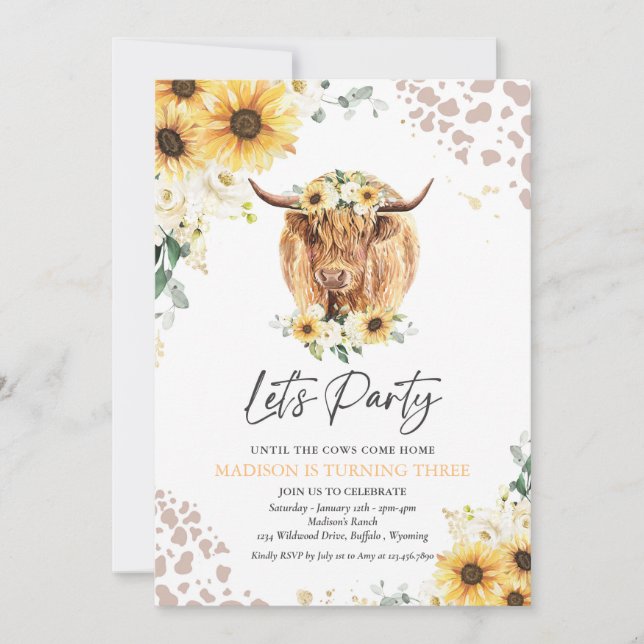 Invitación Fiesta de cumpleaños de Sunflower Floral Highland  (Anverso)