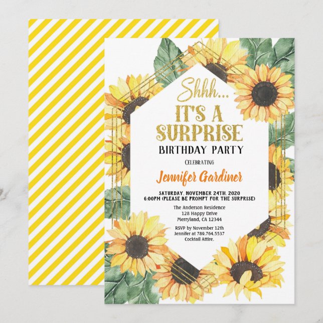 Invitación Fiesta de cumpleaños de Sunflower Surprise (Anverso / Reverso)