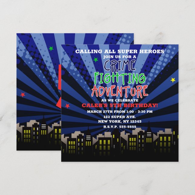 Invitación Fiesta de Cumpleaños de Super Héroe de Aventuras d (Anverso / Reverso)