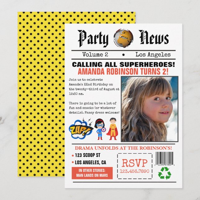 Invitación Fiesta de Cumpleaños de Superhéroe de Periódico (Anverso / Reverso)
