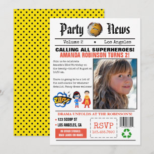 Invitación Fiesta de Cumpleaños de Superhéroe de Periódico