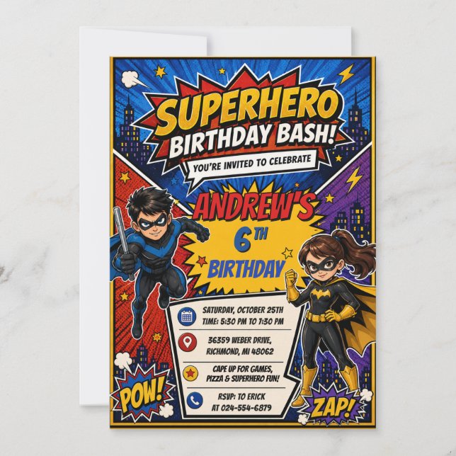 Invitación Fiesta de cumpleaños de superhéroes de cómics pers (Anverso)