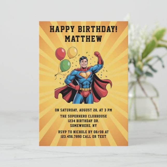 Invitación Fiesta de Cumpleaños de Superhéroes Niños (Anverso de pie)