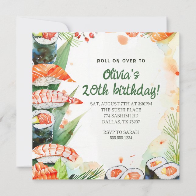 Invitación Fiesta de Cumpleaños de Sushi (Anverso)