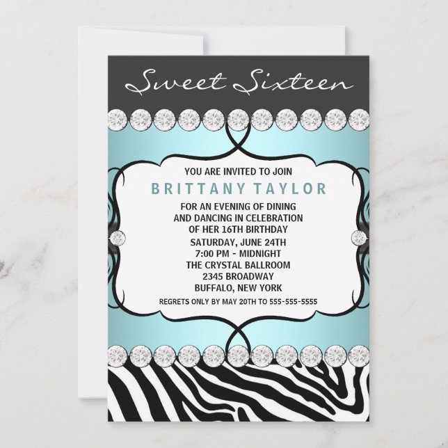 Invitación Fiesta de cumpleaños de Sweet Sixteen cebra azul t (Anverso)