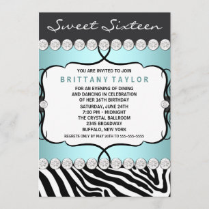 Invitación Fiesta de cumpleaños de Sweet Sixteen cebra azul t