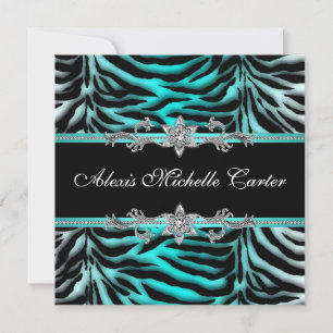Invitación Fiesta de cumpleaños de Sweet Sixteen cebra azul t