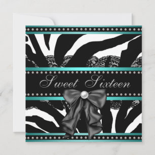 Invitación Fiesta de cumpleaños de Sweet Sixteen cebra azul t