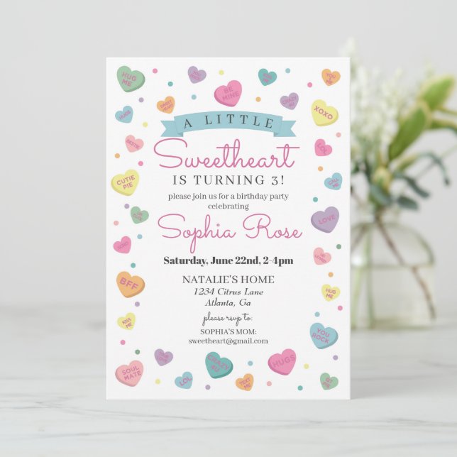 Invitación Fiesta de Cumpleaños de Sweetheart Candy en Febrer (Anverso de pie)