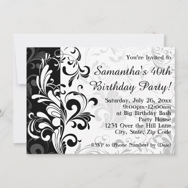 Invitación Fiesta de cumpleaños de Swirl de la fuente blanca/ (Anverso)