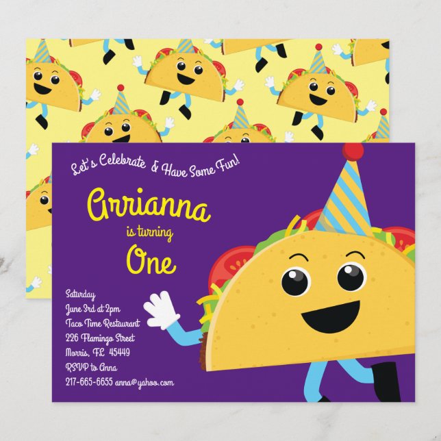 Invitación Fiesta de cumpleaños de Taco (Anverso / Reverso)
