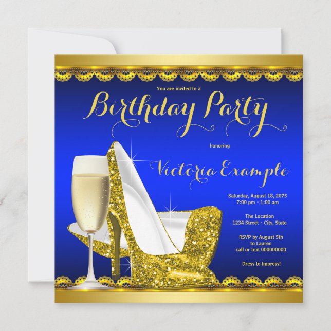 Invitación Fiesta de Cumpleaños de Tacón Alto Azul Real de Mu (Anverso)