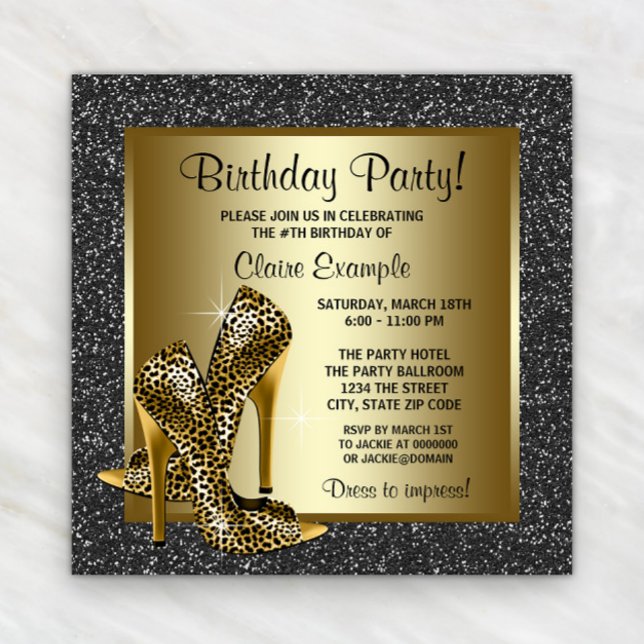 Invitación Fiesta de cumpleaños de tacón alto Leopardo de Oro (Black gold leopard shoe any occasion invitation. Instant download & printed invitations available.)