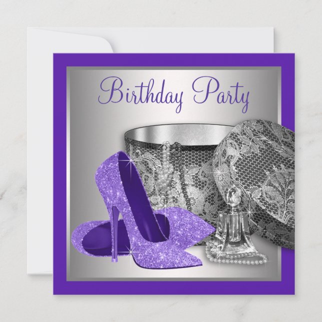 Invitación Fiesta de Cumpleaños de Tacón Alto Plateado Morado (Anverso)