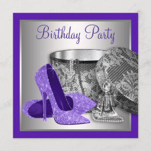 Invitación Fiesta de Cumpleaños de Tacón Alto Plateado Morado