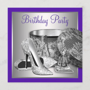 Invitación Fiesta de Cumpleaños de Tacón Alto Purpura y Plate
