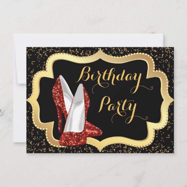 Invitación Fiesta de Cumpleaños de Tacón Alto Rojo de Mujer (Anverso)