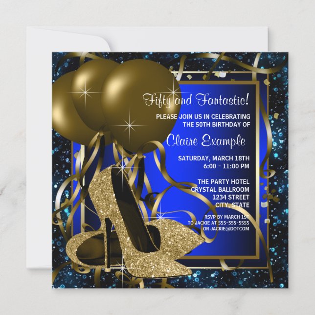 Invitación Fiesta de cumpleaños de tacones altos azules y dor (Anverso)