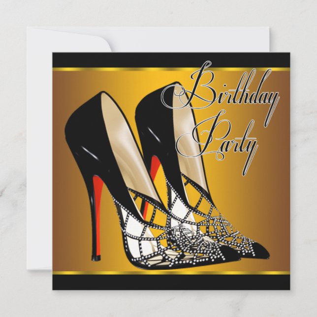 Invitación Fiesta de cumpleaños de tacones altos de oro rojo  (Anverso)