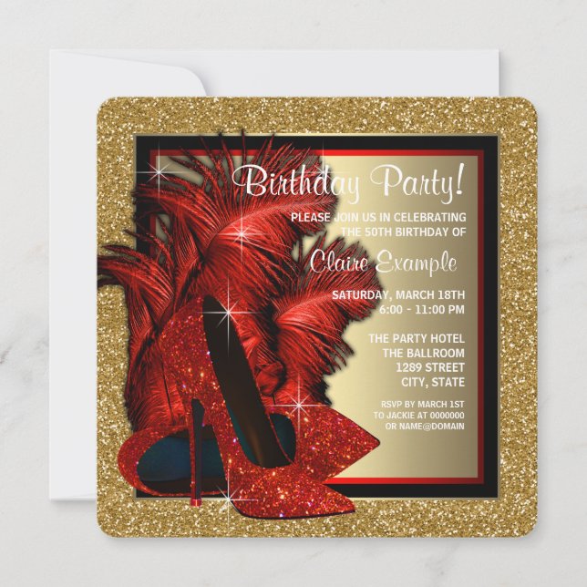 Invitación Fiesta de cumpleaños de tacones altos de rojo y or (Anverso)