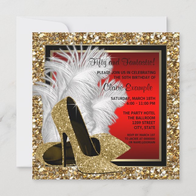 Invitación Fiesta de cumpleaños de tacones altos en negro, ro (Anverso)
