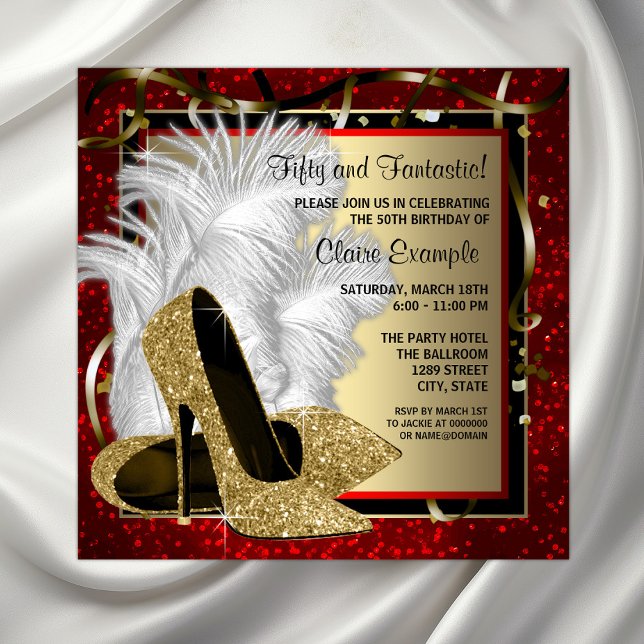 Invitación Fiesta de Cumpleaños de Tacones Altos Rojos Negros (Beautiful gold shoes on a red, black and gold feathers and confetti background any event invitation.)
