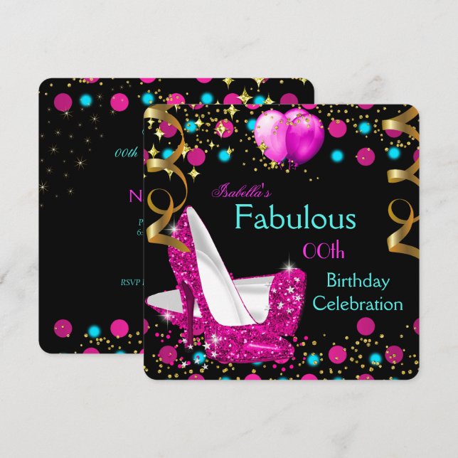 Invitación Fiesta de cumpleaños de tacones altos Verde azulad (Anverso / Reverso)