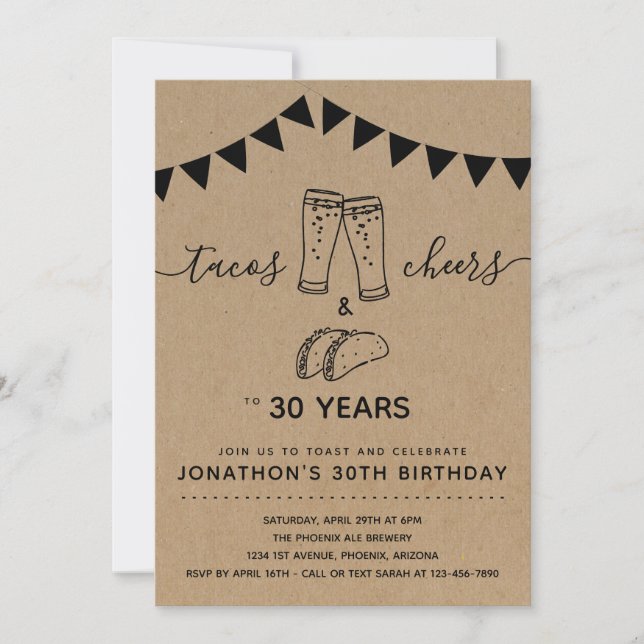 Invitación Fiesta de cumpleaños de Tacos y Cheers - Cualquier (Anverso)
