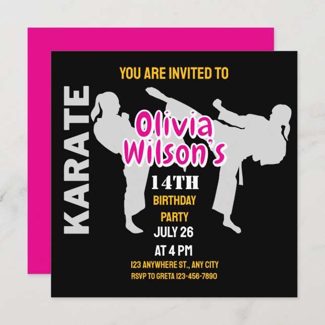 Invitación Fiesta de cumpleaños de Taekwondo, jugador Chica d (Anverso / Reverso)