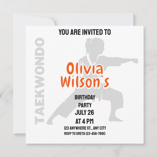 Invitación Fiesta de cumpleaños de Taekwondo, jugador Chica d (Anverso)