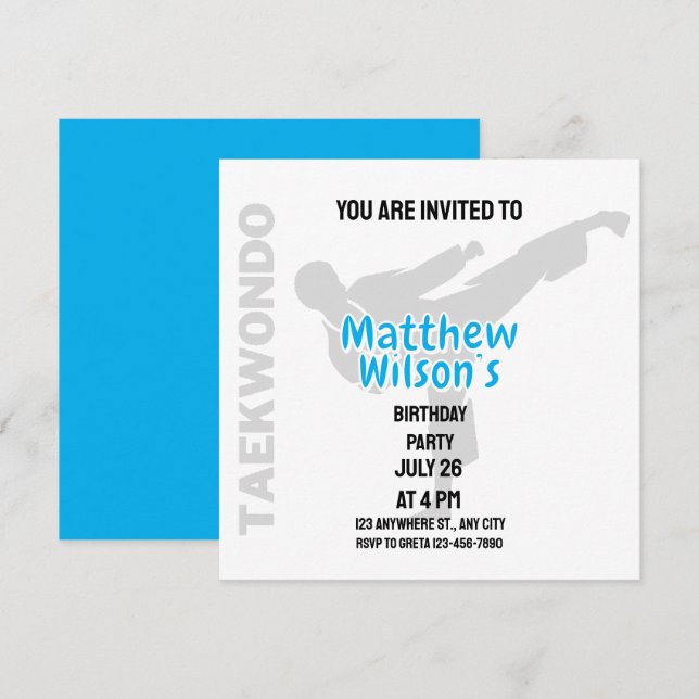 Invitación Fiesta de cumpleaños de Taekwondo, jugador de Taek (Anverso / Reverso)
