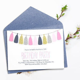 Invitación Fiesta de cumpleaños de Tassel Garland azul y rosa