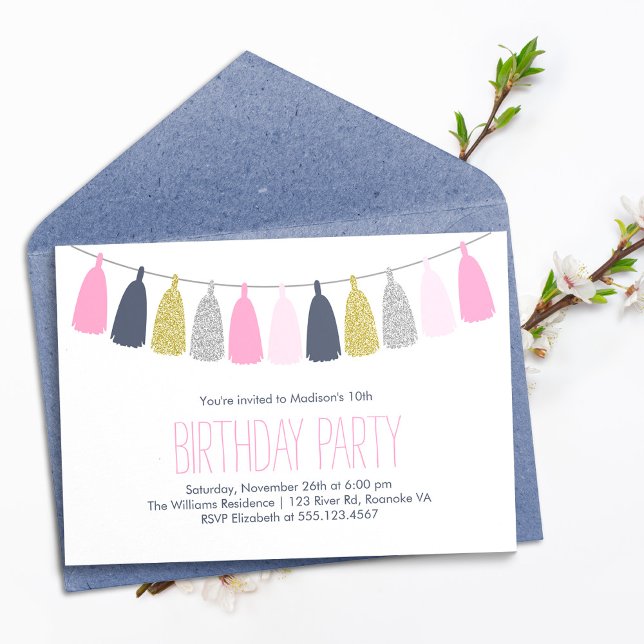 Invitación Fiesta de cumpleaños de Tassel Garland azul y rosa (Subido por el creador)