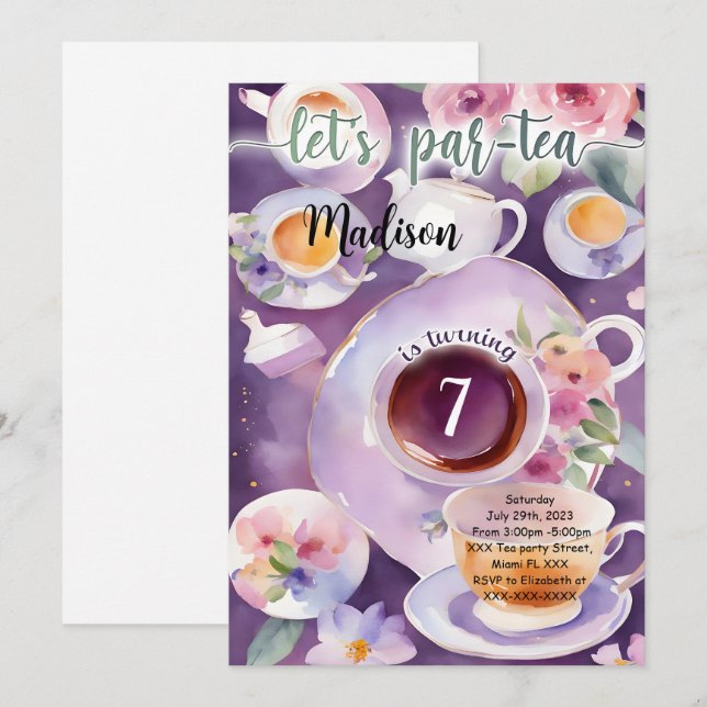 Invitación Fiesta de Cumpleaños de Té (Anverso / Reverso)