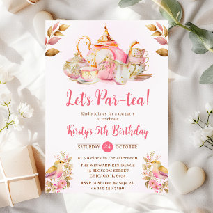 Invitación Fiesta de Cumpleaños de Té de Fresa con Acuarela
