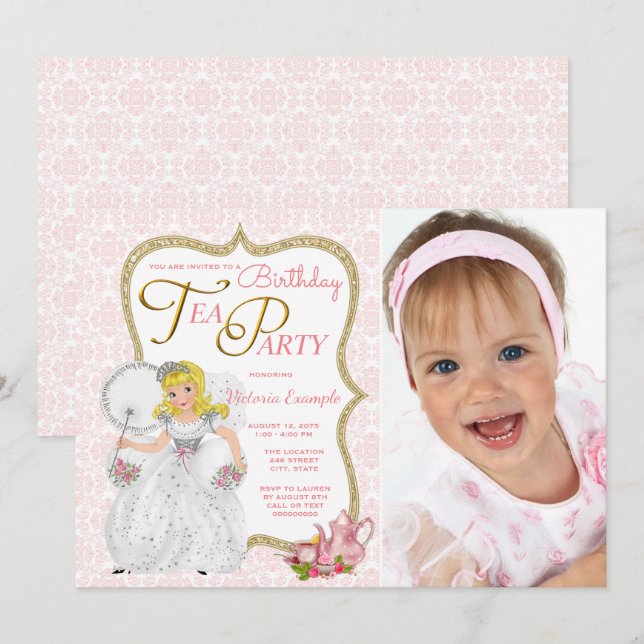 Invitación Fiesta de cumpleaños de té de princesa (Anverso / Reverso)