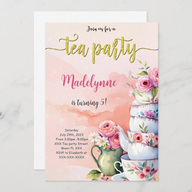 Invitación Fiesta de cumpleaños de té editable (Anverso / Reverso)