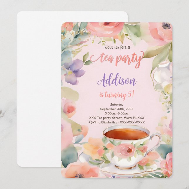 Invitación Fiesta de cumpleaños de té editable (Anverso / Reverso)