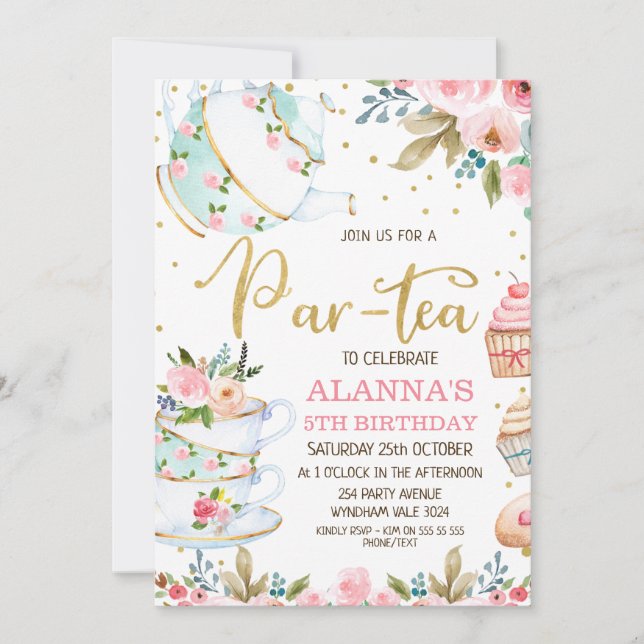 Invitación Fiesta de cumpleaños de té Par-Tea floral capricho (Anverso)