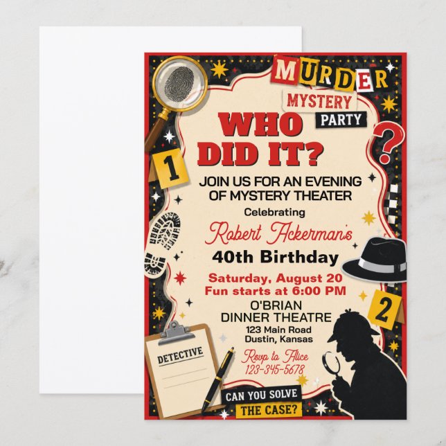 Invitación Fiesta de Cumpleaños de Teatro de Misterio de Ases (Anverso / Reverso)