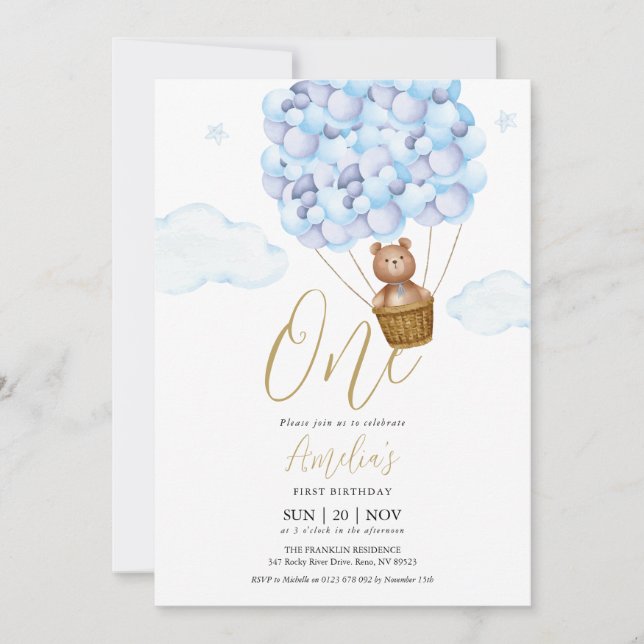 Invitación Fiesta de cumpleaños de Teddy Bear Blue Balloons (Anverso)