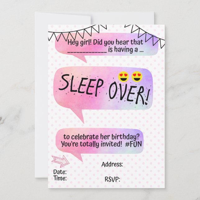 Invitación Fiesta de cumpleaños de Teen Tween Sleopver (Anverso)
