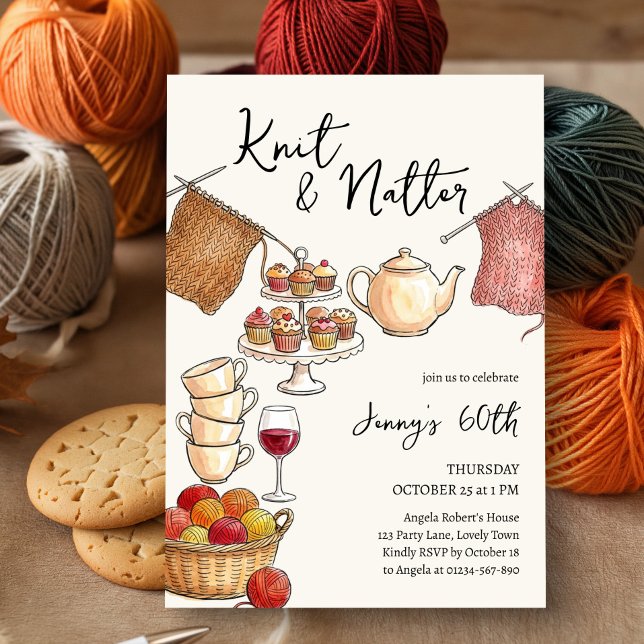 Invitación Fiesta de Cumpleaños de Tejer y Charlar (Knit & Natter cozy knitting themed birthday invitation by Darling & May)