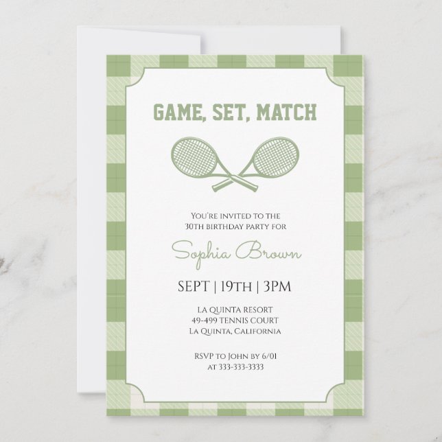 Invitación Fiesta de cumpleaños de tenis a cuadros gingham ve (Anverso)