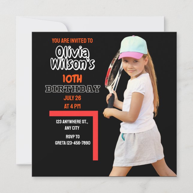 Invitación Fiesta de cumpleaños de tenis, Chica de jugador de (Anverso)